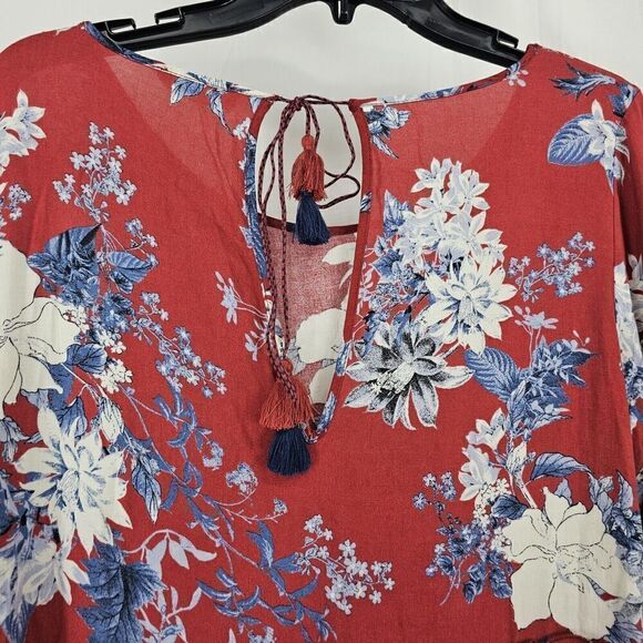 Altar'd State Women's  Size Medium Red Floral Ruffle Blouse Bell Sleeve Tie Neck - Picture 7 of 7